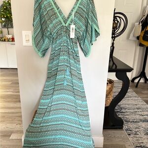 NWT Karma Highway Silky Kaftan Maxi Dress: Aqua & Gold Tribal Print Resort Wear